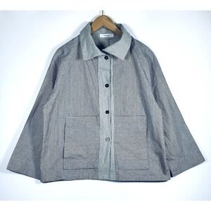 Vitamin Jacket Women Medium Blue White Striped Cotton Chore Coat Utility Coastal